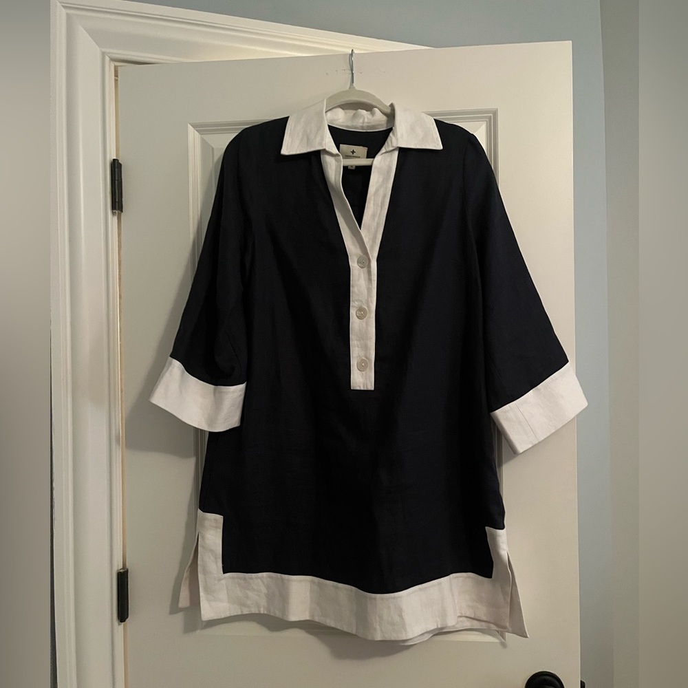 TUCKERNUCK Navy + White Linen Collier Dress, Size M